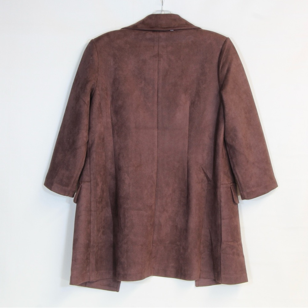 Carole Wren Luxurious Brown Faux Suede 3/4 Sleeve Open Front Trench Jacket - Picture 3 of 3